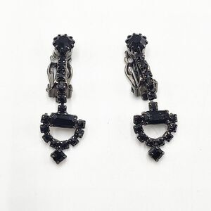 Vintage Horsebit Black Crystal Rhinestone Doorknocker Dangle Clip Earrings